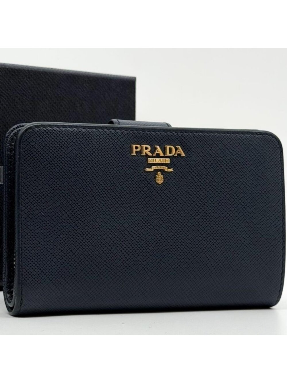 Prada Saffiano Bifold Navy Compact Leather L Shape Wallet